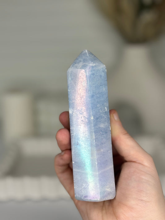 Blue Celestite Aura Coated Tower